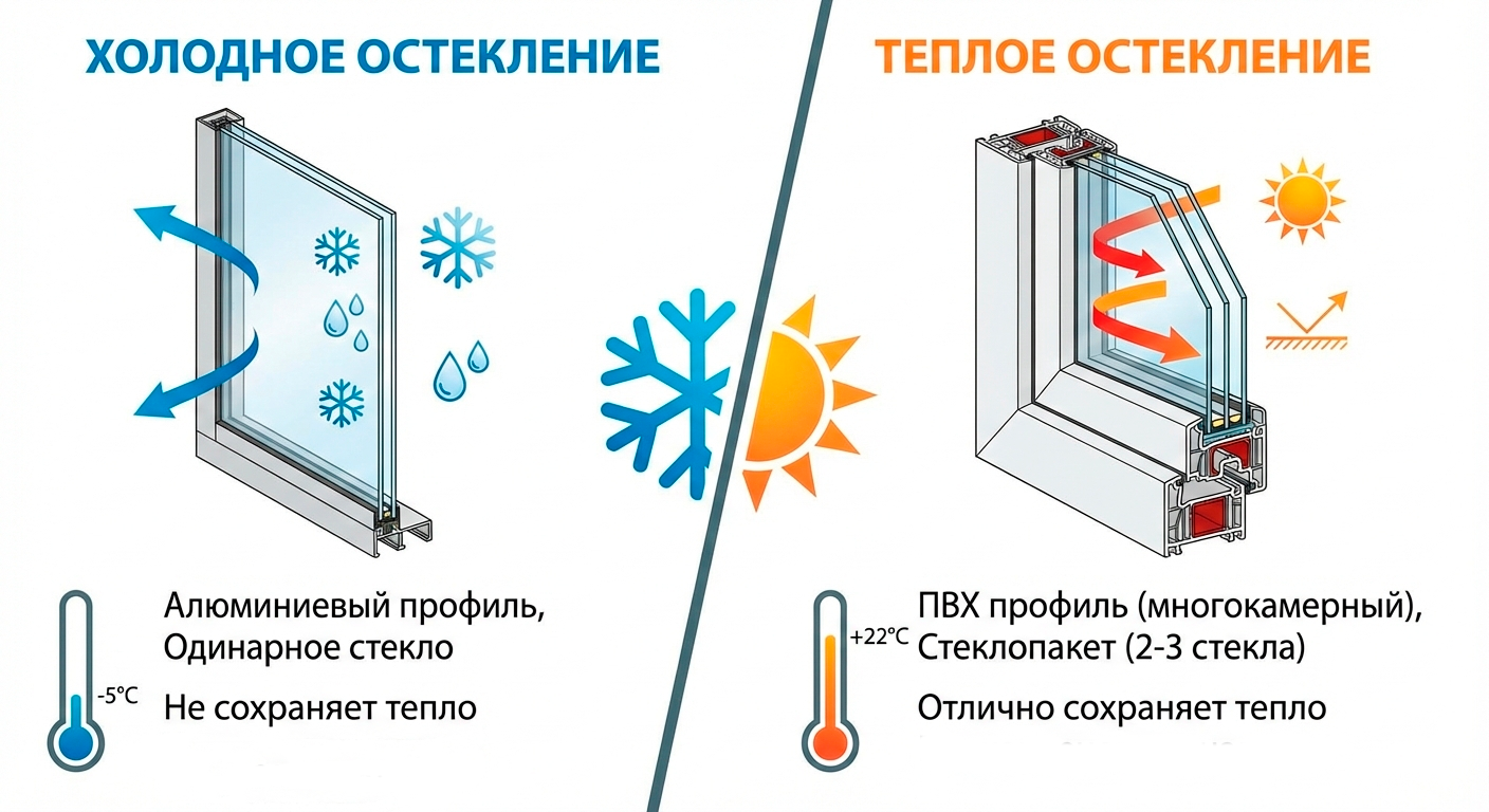 Сравнение холодного и теплого остекления